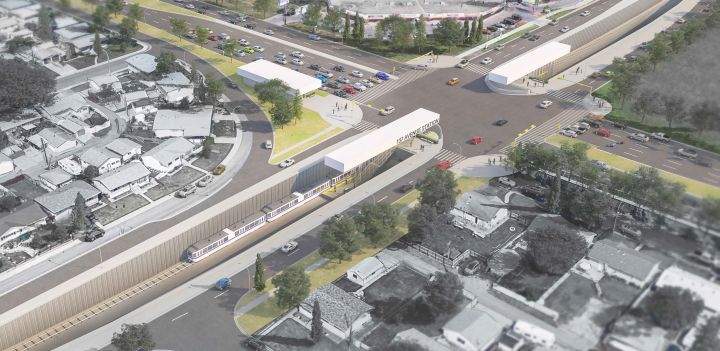 A rendering of what trenched LRT tracks would look like at 127 Street and 153 Avenue in Edmonton.