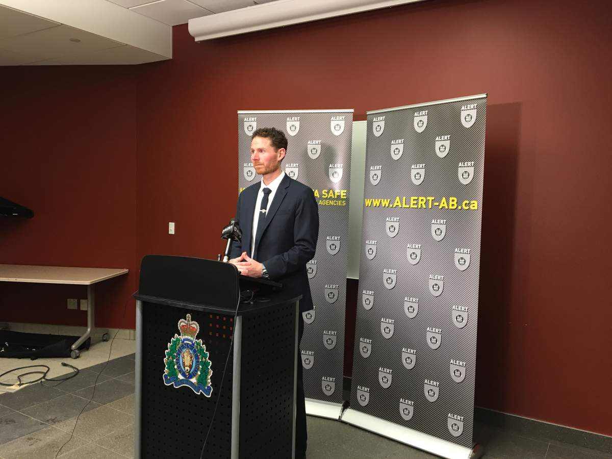 ALERT spokesperson Mike Tucker speaks to the media about a child pornography case out of Red Deer on Jan. 29, 2018.