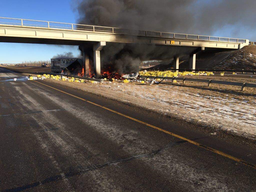 A southbound semi went off the QEII Highway and struck the Highway 616 overpass near Millet on Jan. 17, 2017.