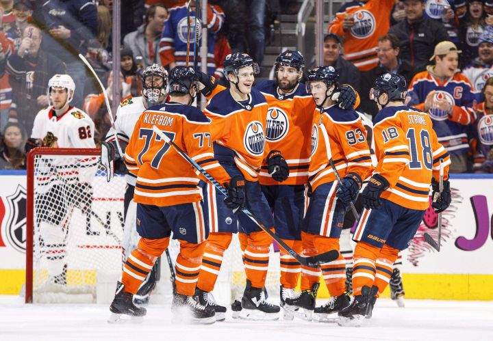 The Edmonton Oilers worked in practice Wednesday to try to fix a profoundly dysfunctional penalty kill unit that has become symbolic of a confoundingly shambolic season. The Edmonton Oilers celebrate a goal during first period NHL action against the Chicago Blackhawks, in Edmonton on Friday, December 29, 2017. 