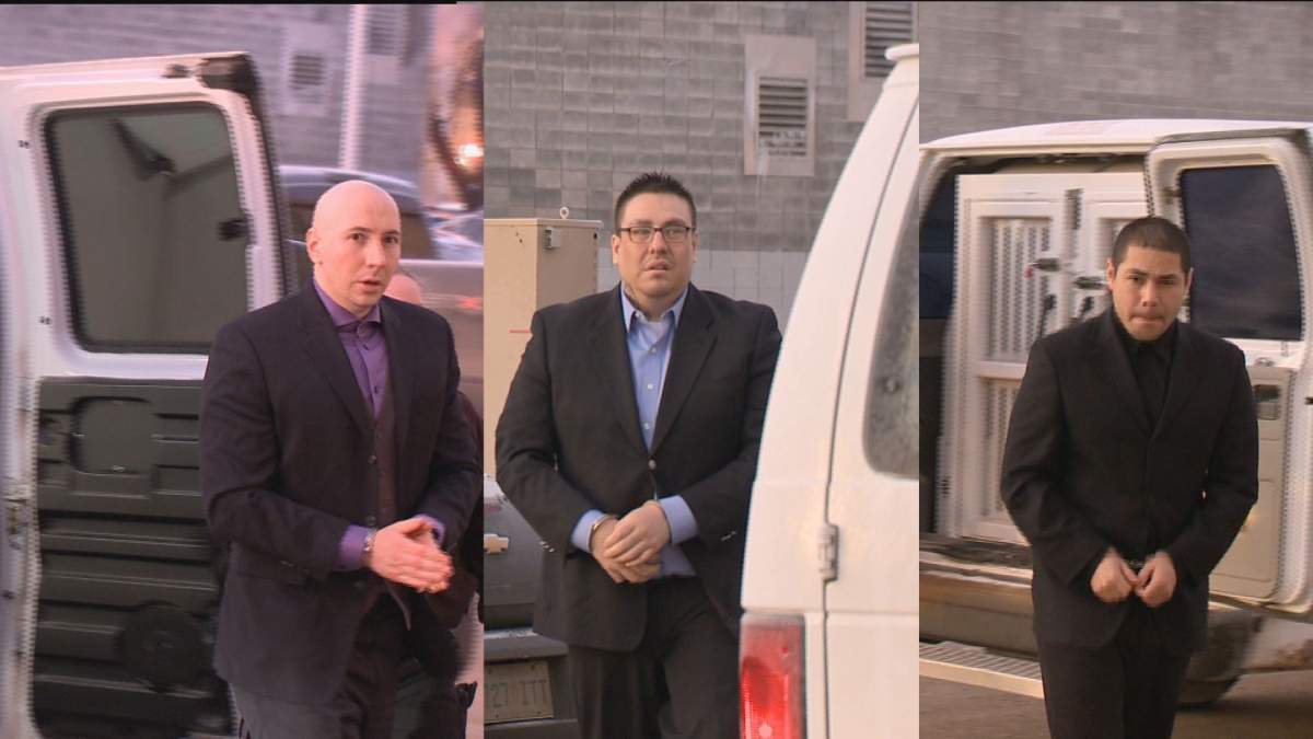 (From left to right) Daniel Theodore, 34, Bronson Gordon, 33, and Andrew Michael Bellegarde, 24, are led to court for their first degree murder trial. 