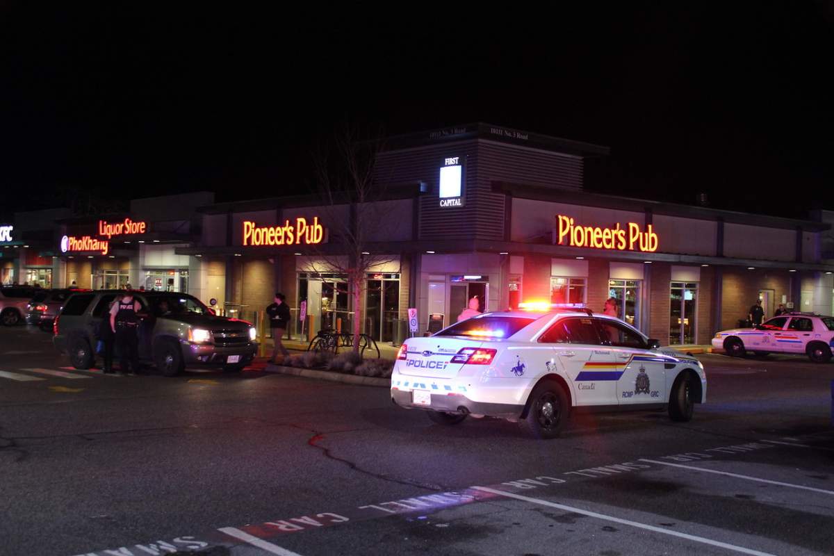 Heavy police presence at the Pioneer Pub in Richmond Thursday night.