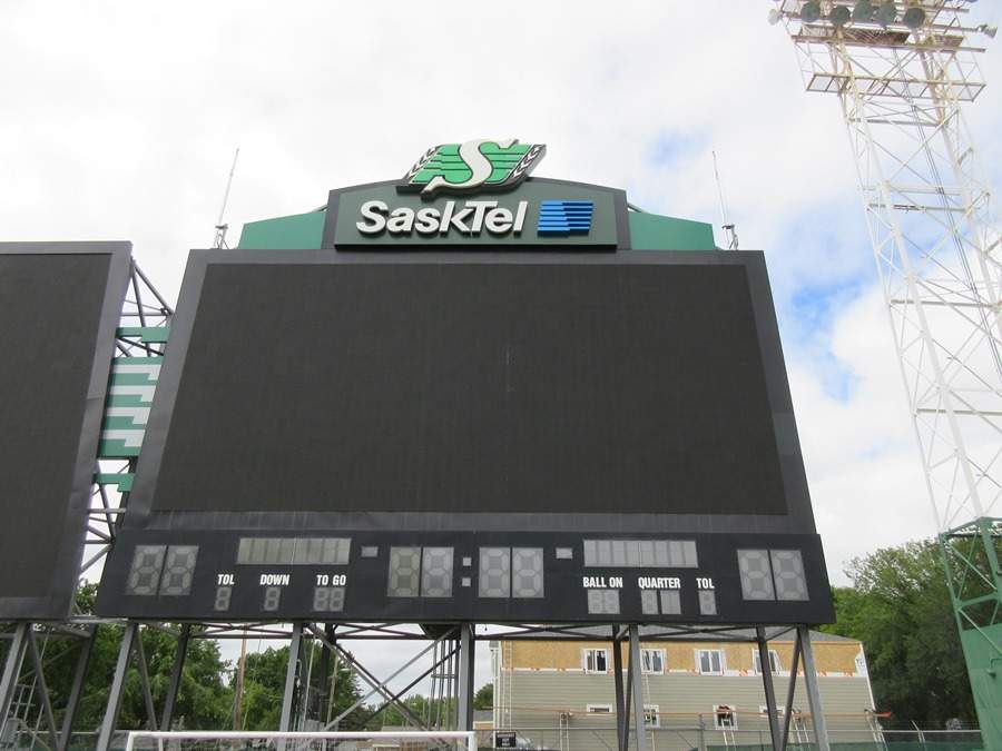 The giant Saskatchewan Roughriders sign was removed from the old Mosaic Stadium in Regina when the team’s former home was torn down.