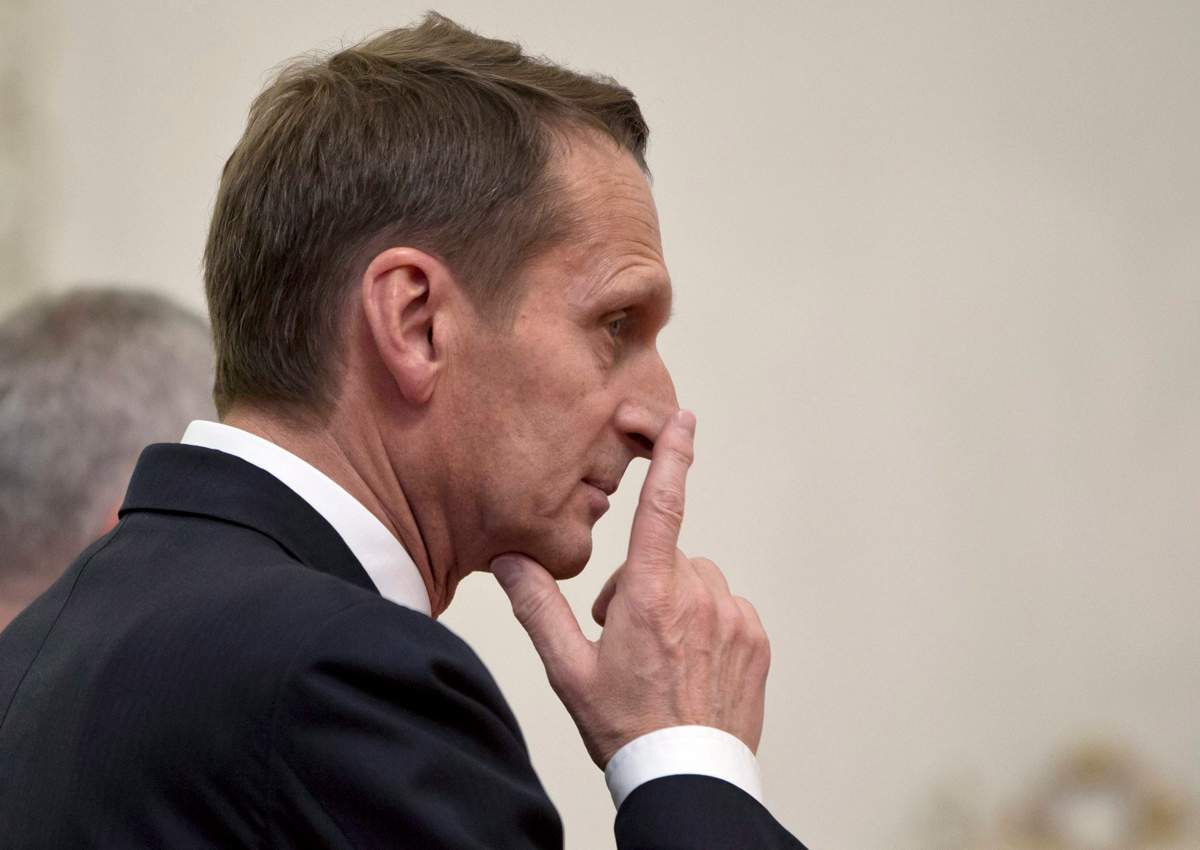 Sergei Naryshkin gestures as he arrives for a press statement at the Parliamentary Assembly of the Black Sea Economic Cooperation in Bucharest, Romania, Friday, Nov. 27, 2015. 