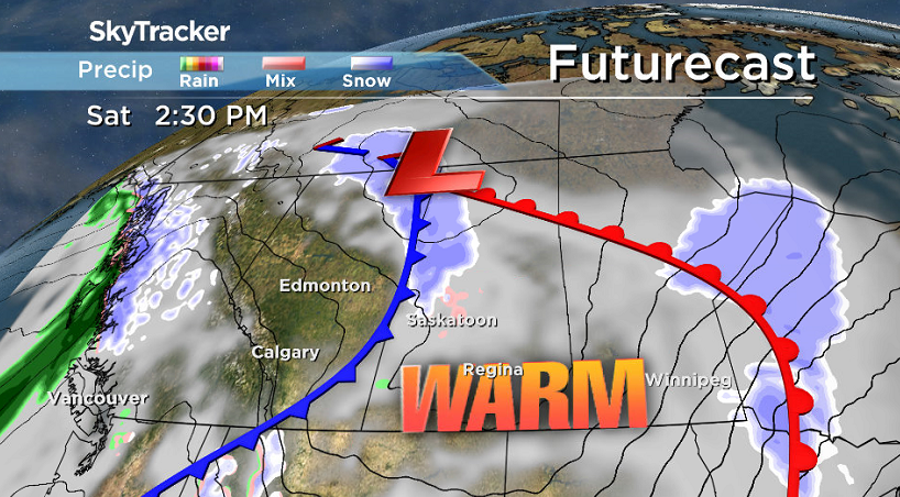 Saskatoon sits in the warm sector of a system swinging into northern Saskatchewan on Saturday.