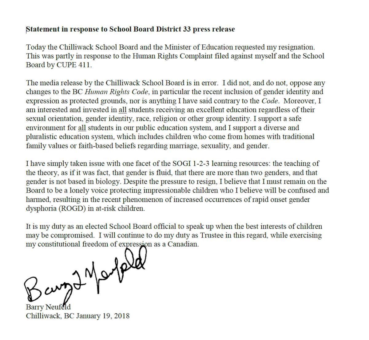 Barry Neufeld’s statement following calls he step down.