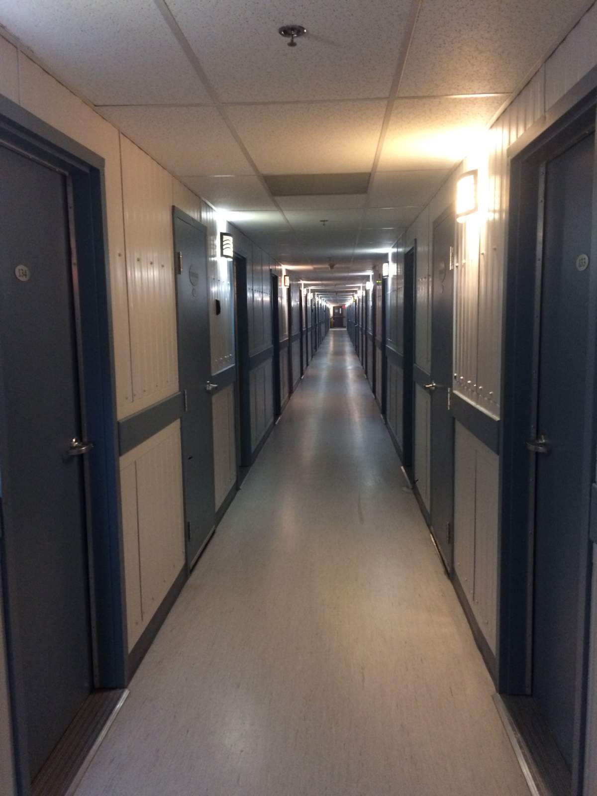 A hallway in the residential area of Suncor’s Fort Hills camp north of Fort McMurray, Alta.