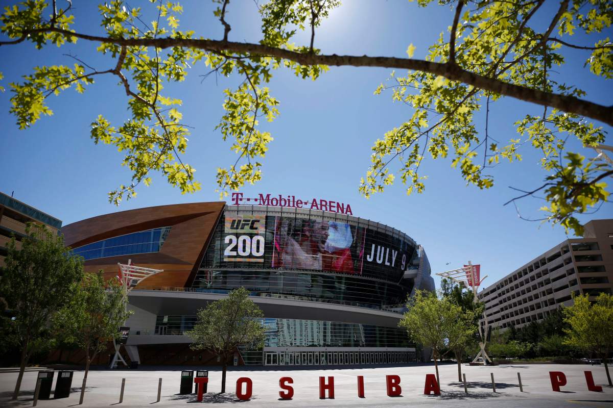 In this June 17, 2016 photo, an advertisement plays on a screen at the T-Mobile Arena in Las Vegas.