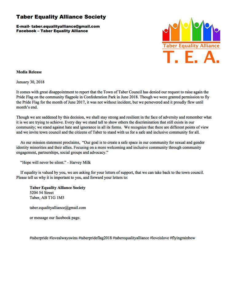 The statement issued by Taber Equality Alliance