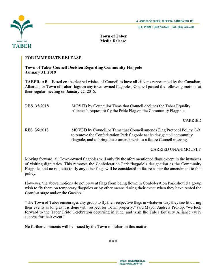 Statement from the Town of Taber