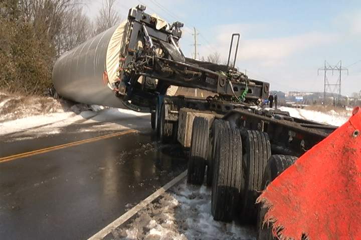 A tractor trailer hauling parts for a wind turbine crashed on Highway 7A near Bethany, Ont. on Tuesday morning.