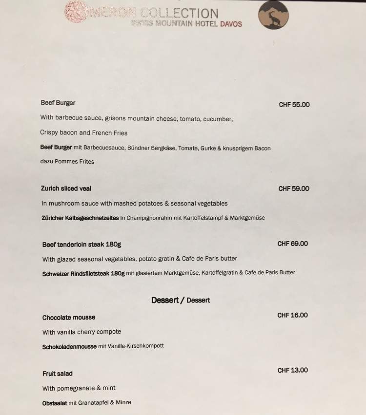 Menu at the Ameron Swiss Mountain hotel in Davos.