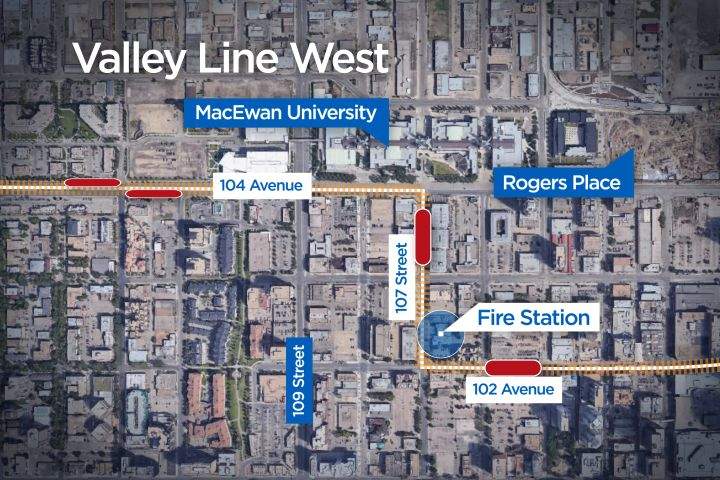 A map showing the route of the future Valley LRT line going past Fire Station No. 2 in downtown Edmonton.
