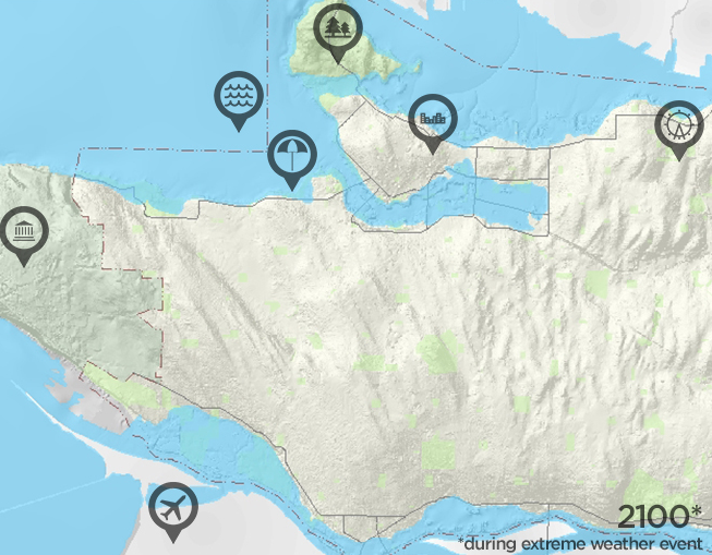 A City of Vancouver map showing parts of the region that could be under water in an extreme weather event by 2100.