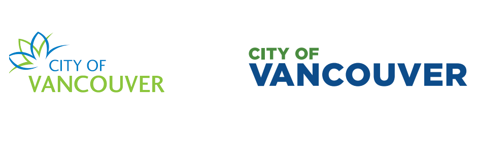 The old City of Vancouver logo (on the left) side by side with the new city wordmark (on the right).