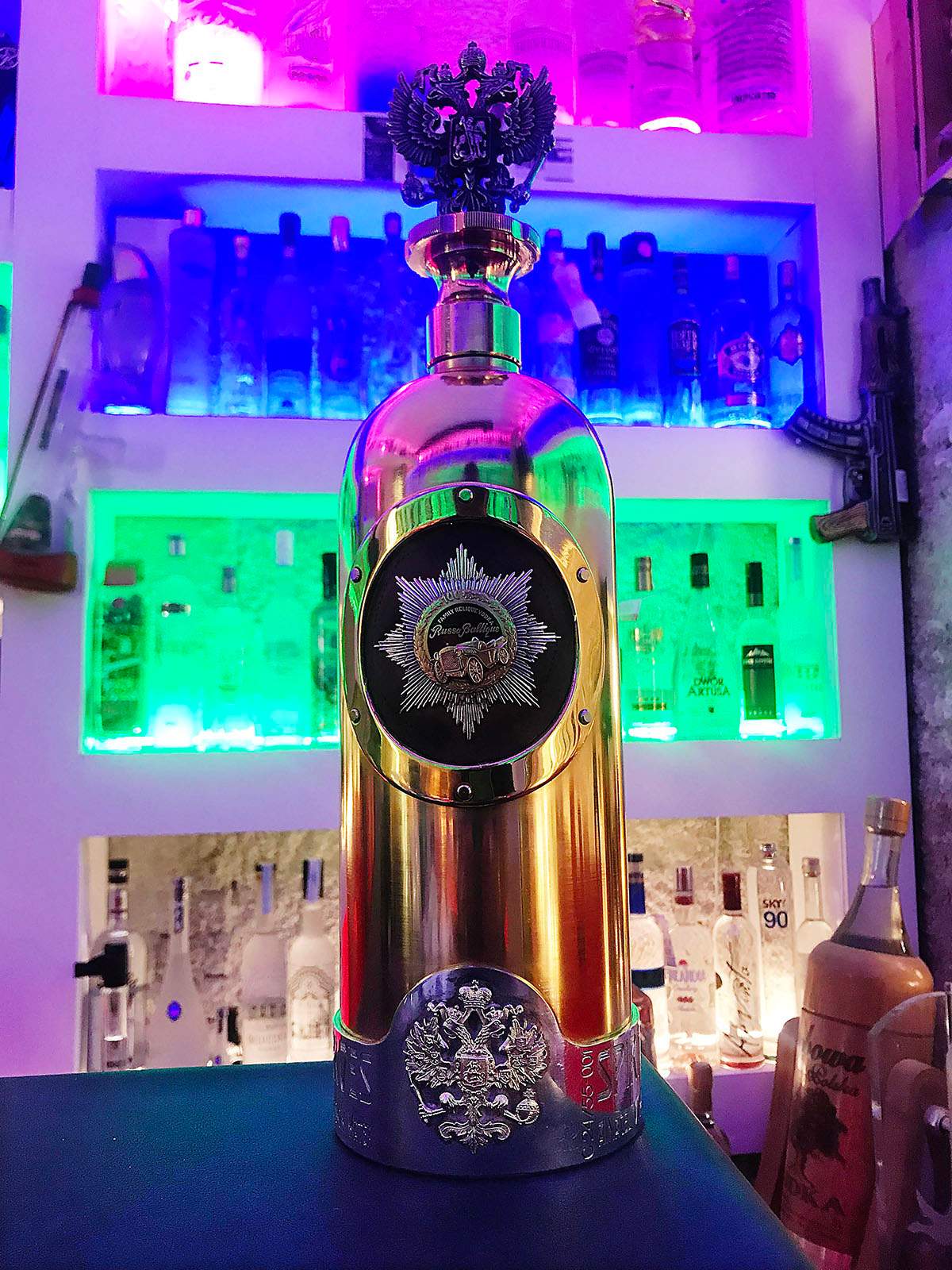 An undated photograph of the bottle of Russo-Baltique vodka which was stolen from Cafe 33 in Copenhagen, Denmark.