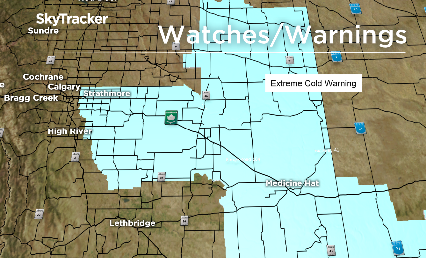 Some areas remain under an extreme cold warning as of Monday night, January 1, 2018, including, Brooks, Strathmore, Vulcan, Cypress Hills Provincial Park, Foremost, Hanna, Coronation, Oyen, Medicine Hat, Bow Island and Suffield.