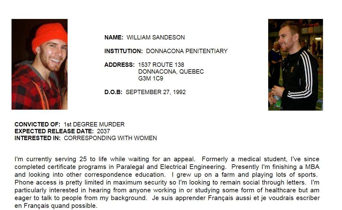 A screen grab of William Sandeson’s profile on Canadian Inmates Connect Ltd.