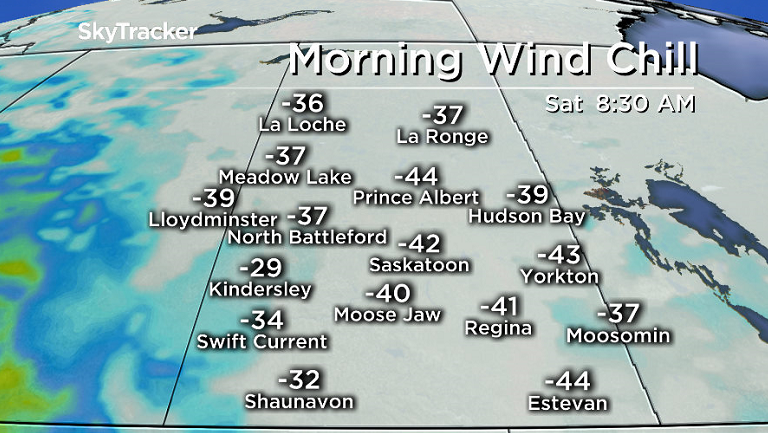 Wind chills will slip back into the -40s again overnight before moderating on Saturday.