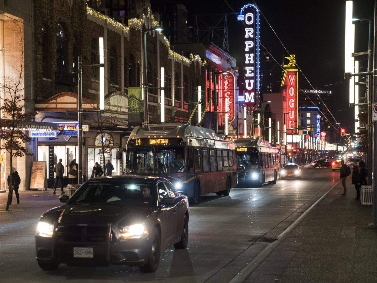 Bright lights and traffic along the Granville Mall, downtown Vancouver, B.C., January 4, 2016. 