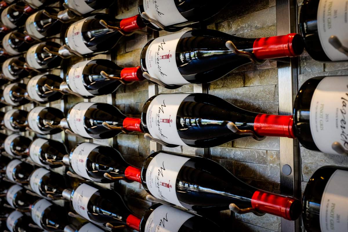 Wines displayed on a wall at the Okanagan Valley's Maverick Winery in Oliver, B.C., Wednesday, Sept. 14, 2016.