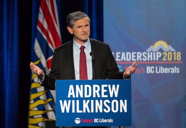 Andrew Wilkinson speaks to the audience during the B.C Liberal Leadership debate in Vancouver, B.C., on Tuesday January 23, 2018. 