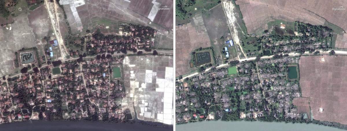 This combination of May 26, 2017, left, and Dec. 20, 2017, satellite images provided by DigitalGlobe show the village of Gu Dar Pyin, Myanmar before and after destruction.