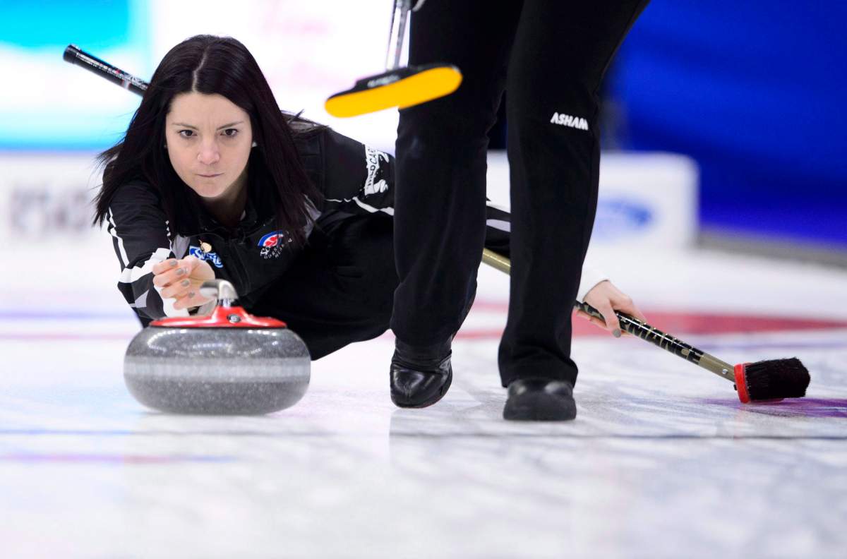 Wild Card skip Kerri Einarson takes on Manitoba at the Scotties Tournament of Hearts in Penticton, B.C., on Saturday, Feb. 3, 2018. THE CANADIAN PRESS/Sean Kilpatrick.