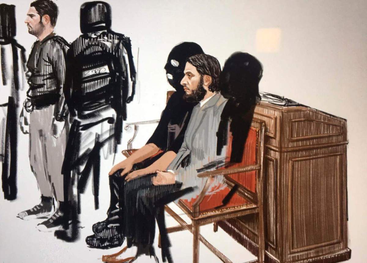 In this courtroom sketch, Salah Abdeslam, right, and Soufiane Ayari, left, appear at the Brussels Justice Palace in Brussels on Monday, Feb. 5.