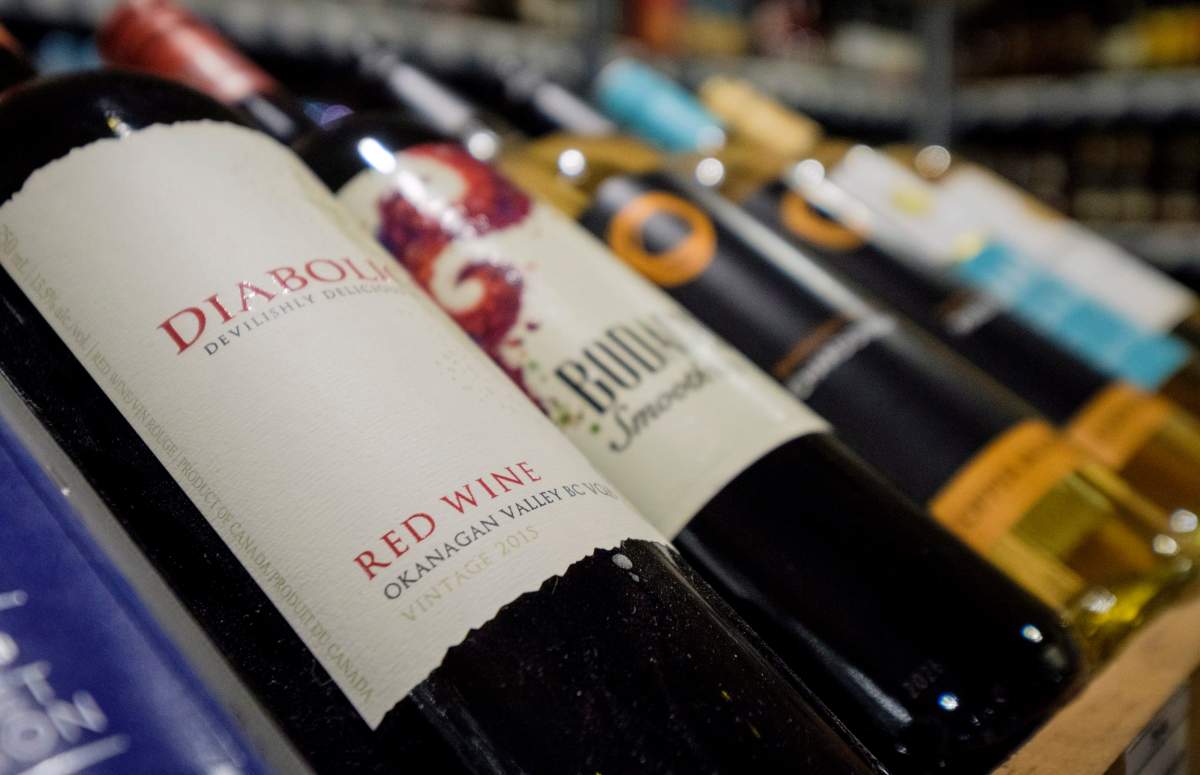 Bottles of British Columbia wine on display at a liquor store in Cremona, Alta.
