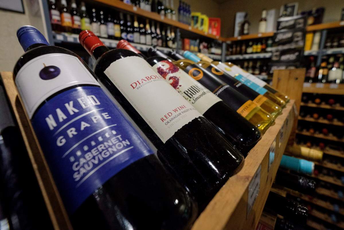 Bottles of British Columbia wine on display at a liquor store in Cremona, Alta., Wednesday, Feb. 7, 2018.