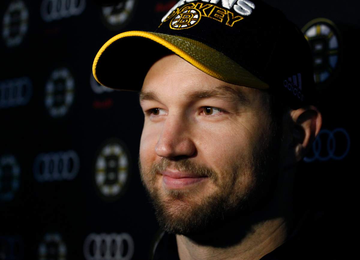Boston Bruins forward Rick Nash addresses the media prior to the first period of an NHL hockey game against the Buffalo Sabres, on Sunday, Feb. 25, in Buffalo, N.Y.