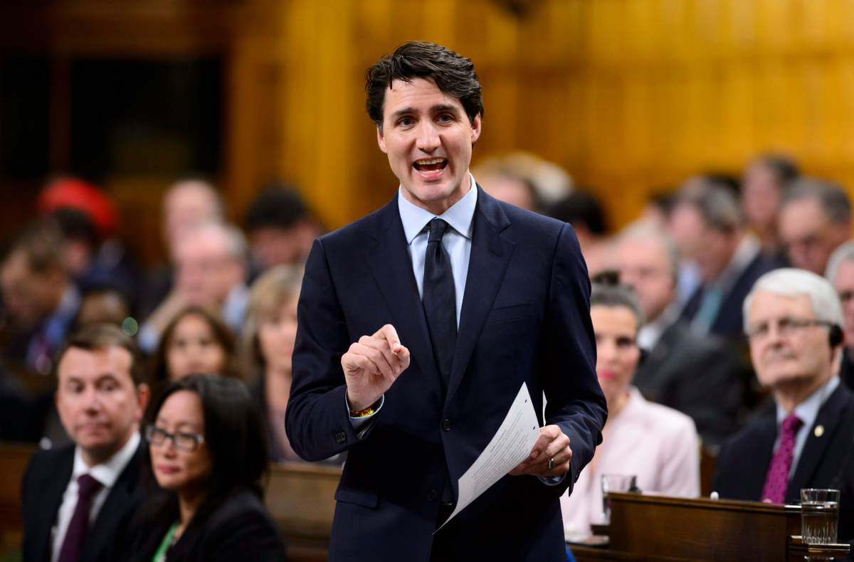 Prime Minister Justin Trudeau stands during question period in the House of Commons on Parliament Hill in Ottawa on Tuesday, Feb. 27, 2018. 