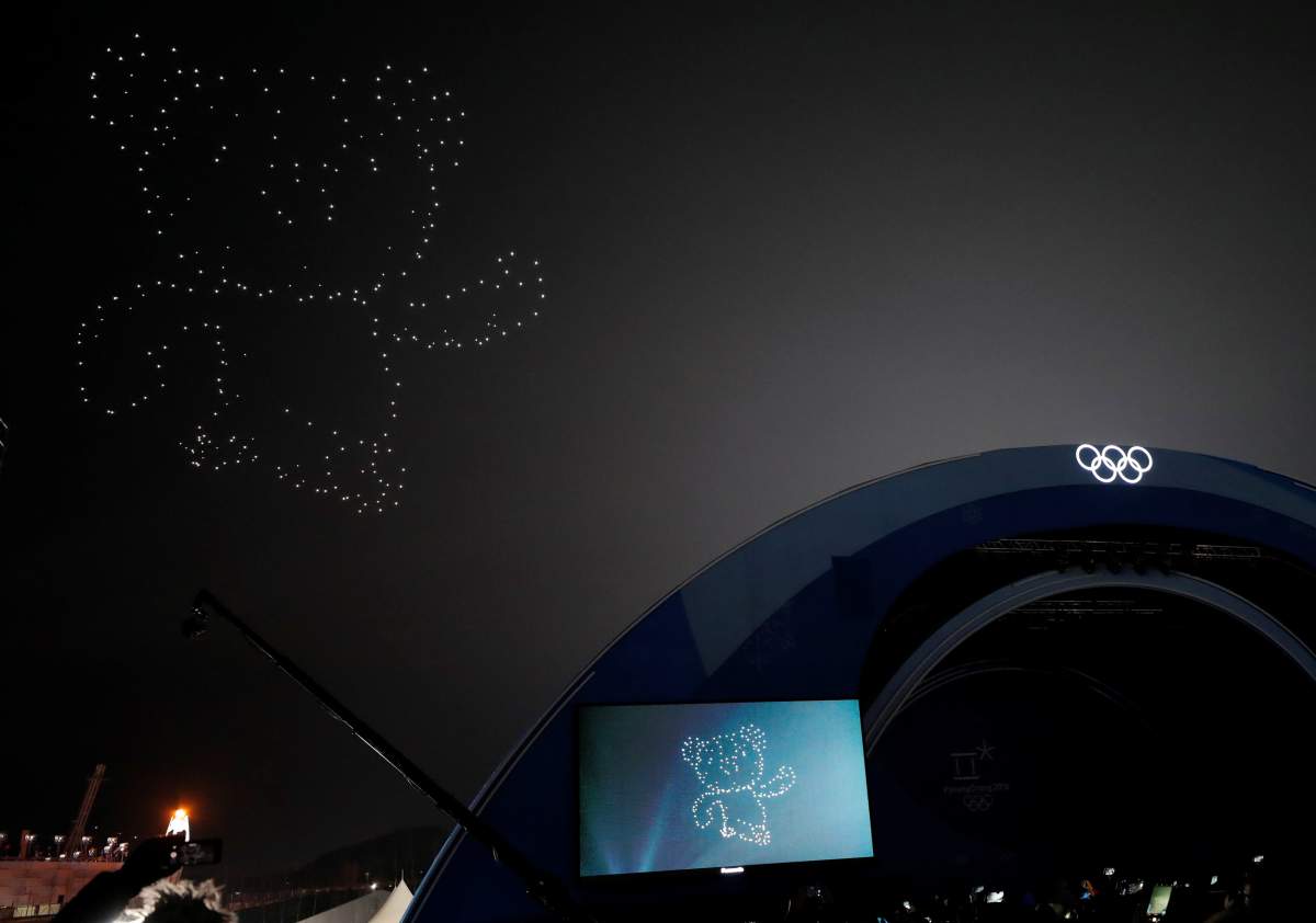 Drones form the image of Soohorang, the mascot of the 2018 Winter Olympics, as they fly over the Medals Plaza in Pyeongchang, South Korea. (Eric Gaillard/Reuters)