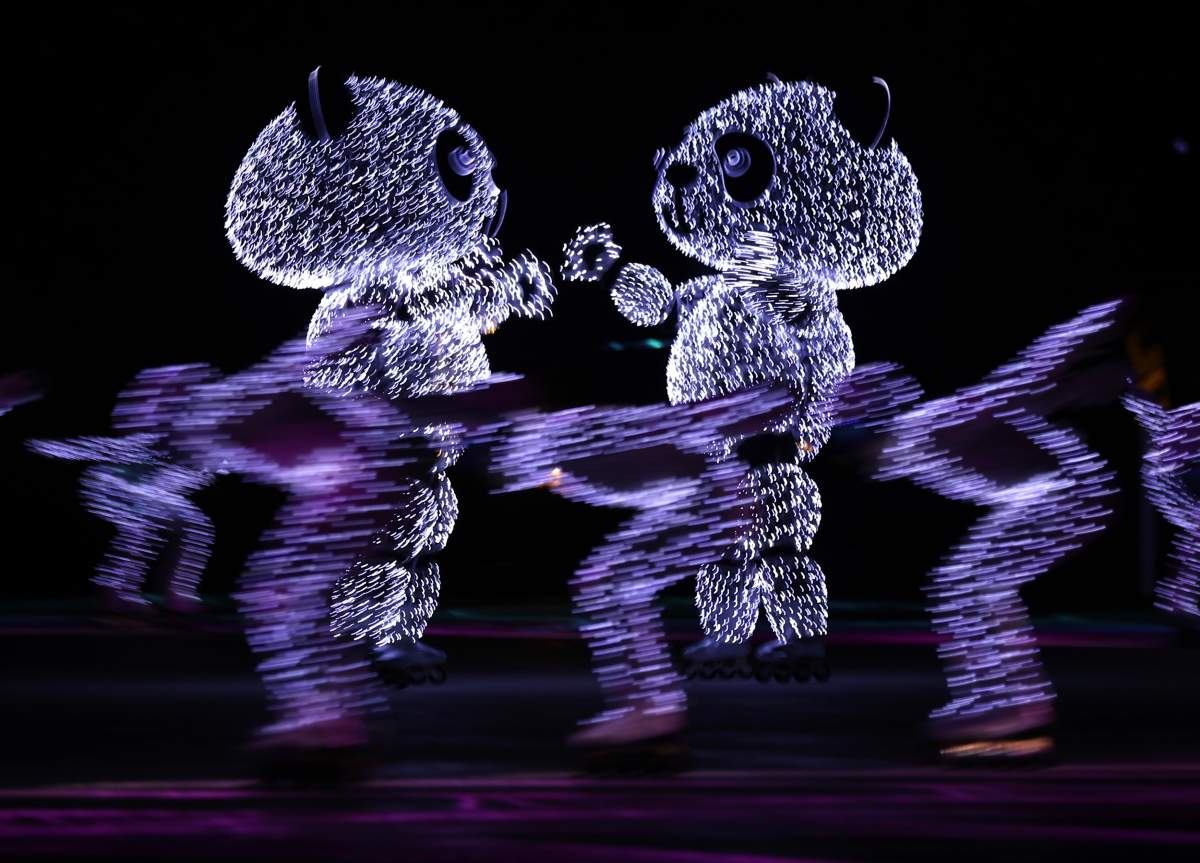 The mascots of the 2022 Winter Olympics in Beijing are seen during the closing ceremony. (Lucy Nicholson/Reuters)
