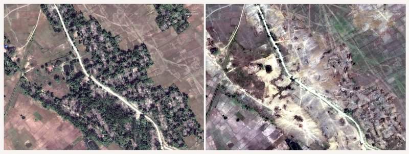 This combination of two satellite images provided by DigitalGlobe, Dec. 20, 2017, left; and Feb. 13, 2018, right; displaying the village of Myin Hlut, 25 kilometers southeast of Maungdaw, Rakhine state, Myanmar shows that predominantly Rohingya village and hamlets have been completely leveled by authorities in recent weeks, far more than previously reported.