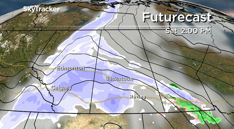 A precipitation-packed system slides into Saskatchewan, bringing heavy snow in this weekend.