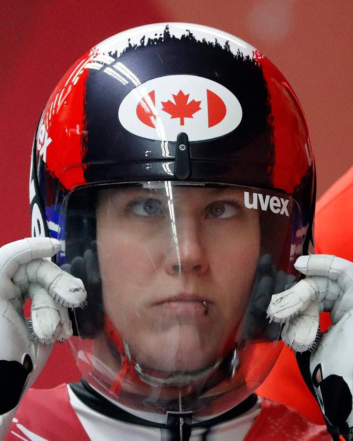 Alex Gough of Canada prepares for the start of her second run during the women’s luge competition at the 2018 Winter Olympics in Pyeongchang, South Korea, Monday, Feb. 12, 2018.