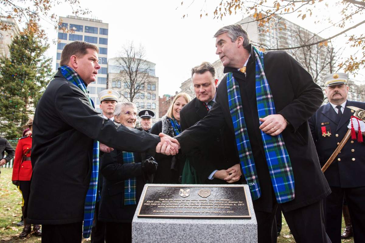 Nova Scotia Premier Stephen McNeil (right) shakes hands with Boston Mayor Martin Walsh