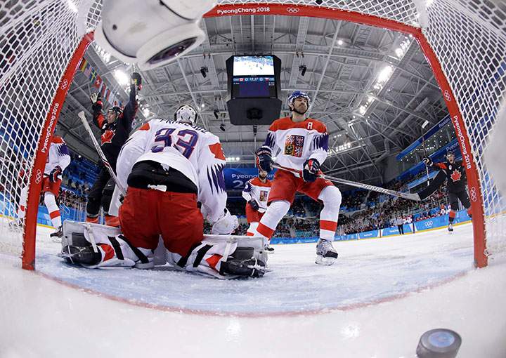 Canada’s Mason Raymond, celebrates after scoring a goal during the first period of the preliminary round of the men’s hockey against the Czech Republic at the 2018 Winter Olympics in Gangneung, South Korea, Feb. 17, 2018.