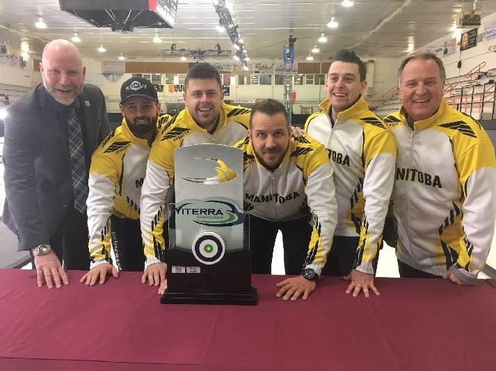 Reid Carruthers and his team from the West St. Paul Curling Club pose with the Viterra Championship trophy.
