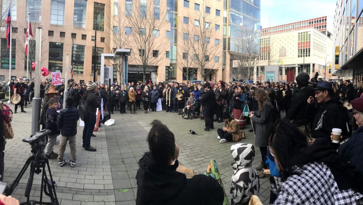 Hundreds gather in Vancouver in honour of Colten Boushie. 