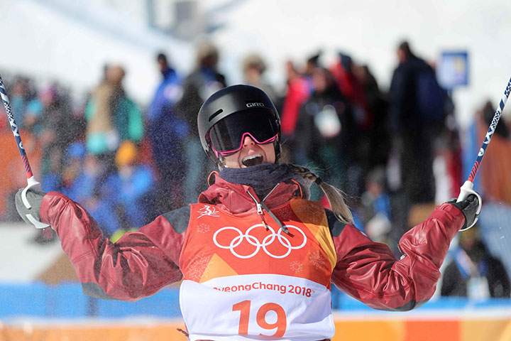 Canada’s Dara Howell reacts after her qualifying run in the ski slopestyle event at Phoenix Snow Park in Pyeongchang, South Korea on Feb 17, 2018.