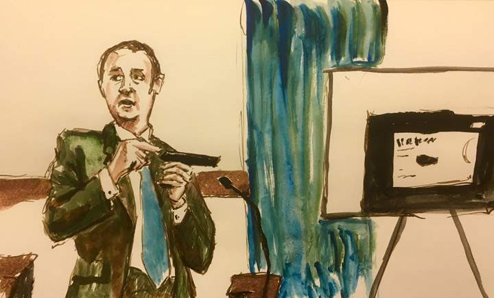 Firearms expert Greg Williams speaks in court during the trial of Gerald Stanley in this courtroom sketch in North Battleford, Sask., on Thursday, Feb. 1, 2018.