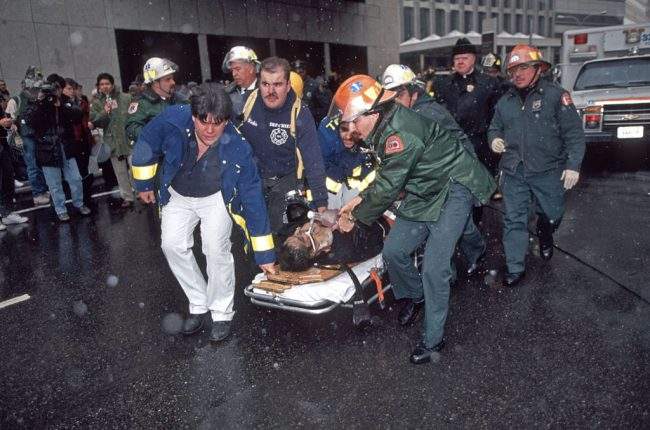 View of an man injured after a terrorist's truck bomb at the World Trade Center, New York, New York, Feb. 26, 1993.
