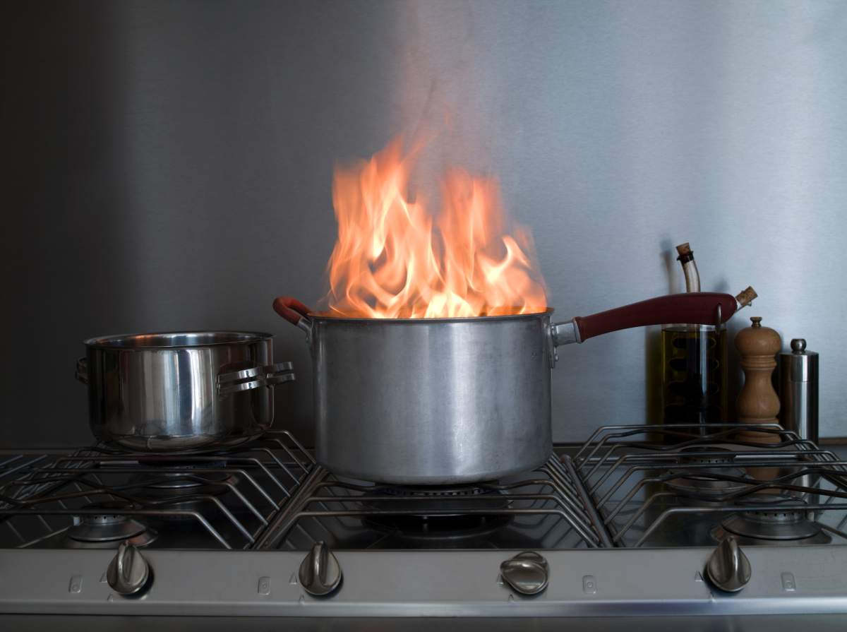 A saucepan on fire.