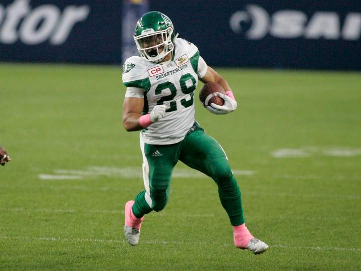 Kienan LaFrance carries the ball in a CFL game between the Saskatchewan Roughriders and the Toronto Argonauts at BMO field on Oct. 7, 2017 in Toronto.