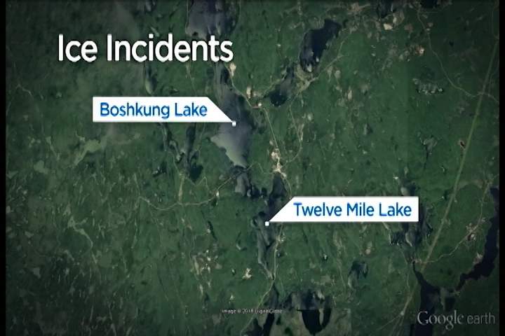 OPP are warning about ice conditions after vehicles carrying eight passengers went through the ice Friday evening in Haliburton County.