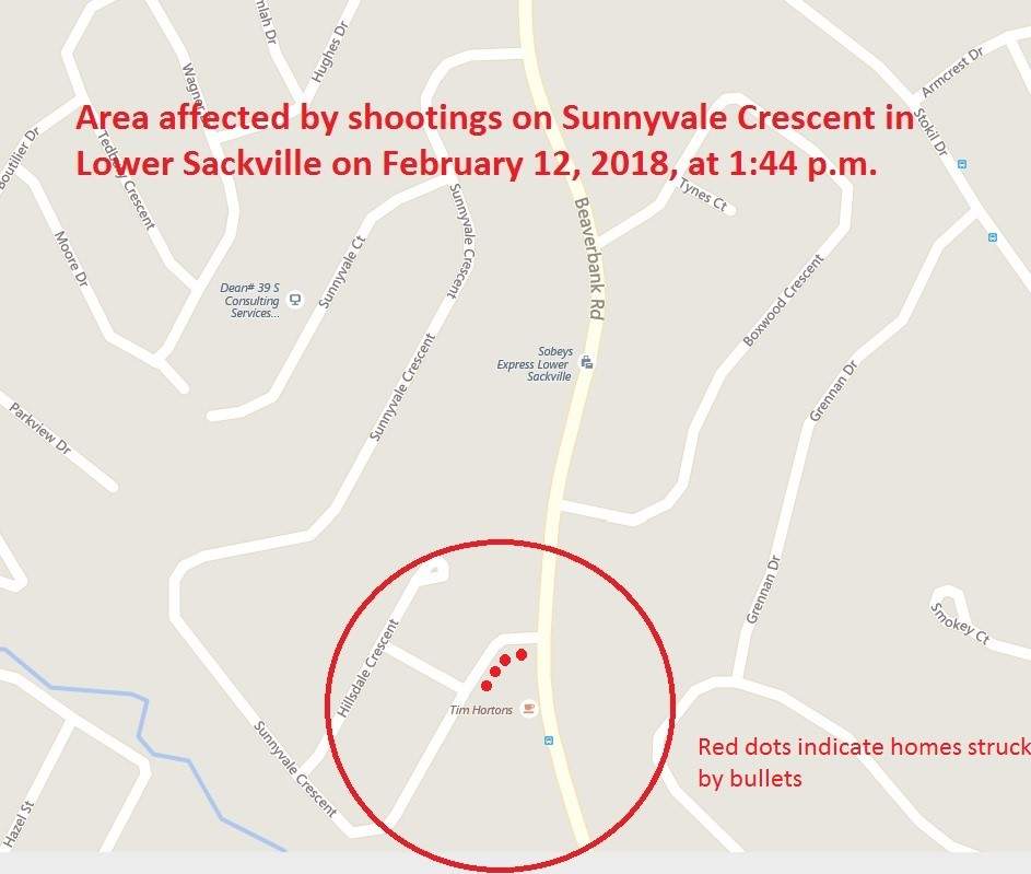 RCMP released this map showing the homes that were struck by stray bullets.