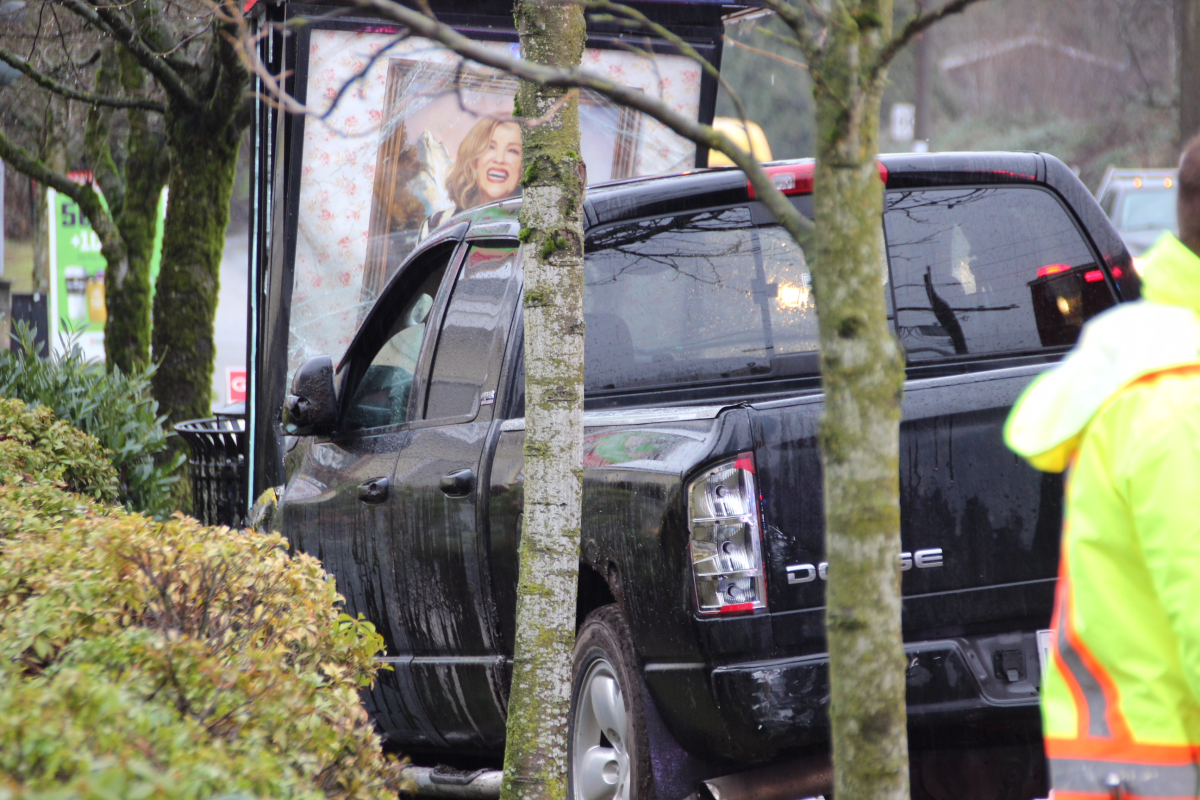 A pickup truck at the scene of a vehicle crash in Maple Ridge on Feb. 1, 2018.